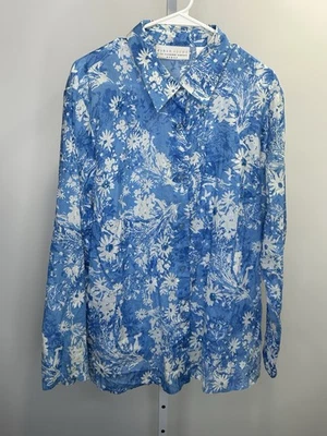 Camisa para mujer First Issue con lentejuelas florales transparentes abotonadas azul, talla 2. 3R Foto 1 de 4