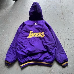 Starter Jacket Mens Size XL Purple Hooded Vintage 90s Lakers Logo Puffer Grail - Picture 1 of 8