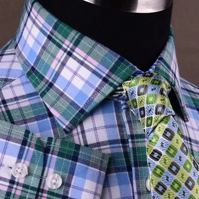 Camisa de vestir formal de negocios a cuadros y cuadros verde de lujo a cuadros algodón egipcio  Foto 1 de 4