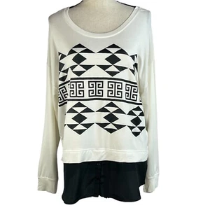 Kensie X-Large Top Geometric Scoop Neck Long Sleeves Stretch Ivory Black New - Picture 1 of 10