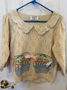 Vintage kleiner zierlicher Pullover Osterkorb Blumentopf 100 % Baumwolle USA elfenbeinfarben - Bild 1 von 6