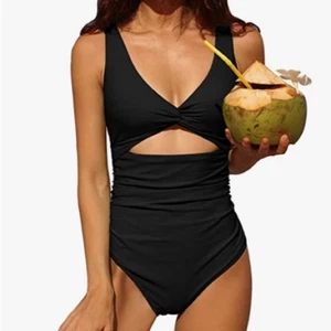 Charmo One Piece Ruched Tummy Control High Cut Backless V Neck Swimsuit in Black - Picture 1 of 10