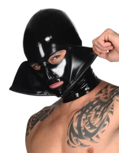 Black Latex Hood with Back Zipper Rubber Mask For Fetish BDSM Cosplay Clubwear - Picture 1 of 8