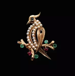 14K Yellow Gold Cultured Pearl Ruby Emerald & Sapphire Bird Brooch - Picture 1 of 4