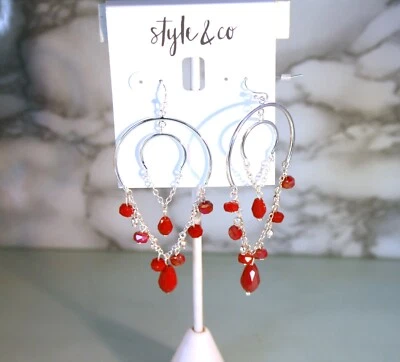 Pendientes colgantes Style&Co tono plata vidrio rojo cuentas facetadas 3" Foto 1 de 2