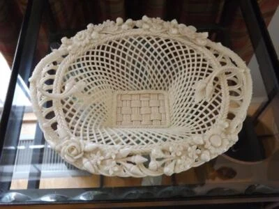Belleek Woven Lattice Work Oval Basket 4 Strand Fermanaugh Ireland 8" Long - Image 1 of 4