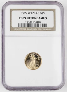 1999 W $5 1/10 Troy Oz GOLD AMERICAN EAGLE PROOF COIN NGC PF69 Ultra Cameo - Picture 1 of 4