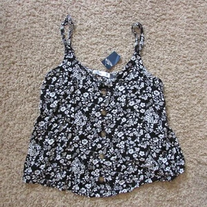 NWT Hollister Medium Black White Floral Adjustable Strap Tank Top Mock Button - Picture 1 of 2
