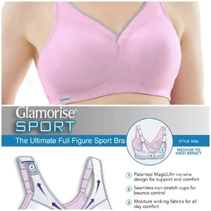 Glamorise SPORT Magic-Lift Bra WIRE-FREE Seamless COMFORT-STRAPS Wicks! Pink NEW - Picture 1 of 24