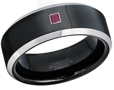 Anillo de boda de tungsteno biselado negro de 0,05 quilates con rubí corte princesa, 8 mm #119 Foto 1 de 2
