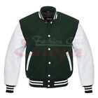 New Men Green Wool Varsity Bomber Baseball Jacket White Real Leather Sleeves