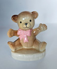 Vintage MCM Ceramic Teddy Bear w/Pink Bow Money Bank Nursery Girls Room Decor 5"