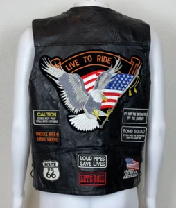 Diamond Plate Genuine Buffalo Leather Mens Vest XL 13 Patches Live To Ride Eagle - Picture 1 of 22