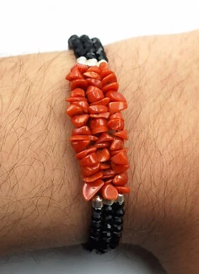 bracciale donna fascia a più fili vero corallo rosso naturale onice nero argento - Immagine 1 di 4