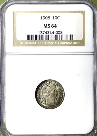 1908 Barber Dime, NCG MS-64, Old Coin Holder,  Good Eye Appeal Cover
