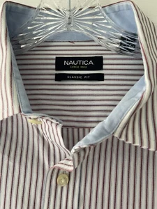 Nautica Mens Size 17 XL Classic Fit Red Striped Flip Cuff Logo Preppy Shirt - Picture 1 of 9