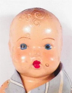 Vintage Composition Baby Doll in Blue Striped Romper 10in. As Is Condition - Bild 1 von 8