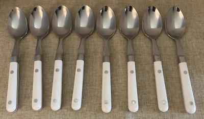 Conjunto de talheres vintage de 8 colheres de sopa de aço inoxidável Coreia cabo de plástico branco 8"L - Imagem 1 de 3