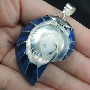 925 Sterling Silver Large Blue Nautilus Shell Pendant Jewellery, NSP-660 - Picture 1 of 7
