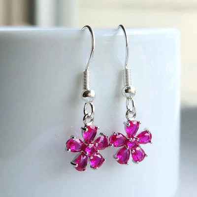 925 Sterling Silver 3x4.3mm Pear Ruby Flower 1.1'' Earrings Gemstone - Image 1 of 2