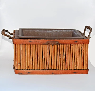 Vintage 8.50" x 5.75" x 2.25" Brown Clay Bonsai Planter Pot with Bamboo Holder - Image 1 of 4