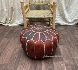 Natural Retro Footstool Unstuffed New Moroccan Leather Pouffe Brown Round - Picture 1 of 8