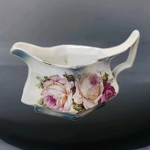 Vintage Lustreware Cream Pitcher Germany Floral Pink Roses Blue Art Deco Handle - Picture 1 of 15