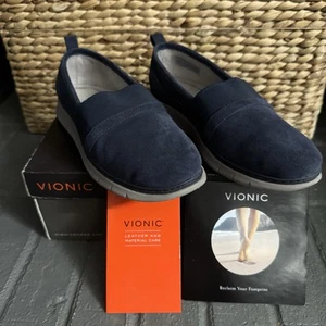 Vionic Womens Fresh Kristi Suede Slip-On Flats Navy Blue Suede Size 8 New In Box - Picture 1 of 9