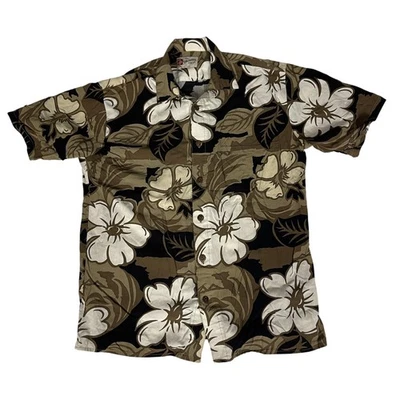 Camisa Hawaiana Hilo Hattie Para Hombre Mediana Marrón Negra Floral Hecha en Rayón Hawaiana Foto 1 de 4
