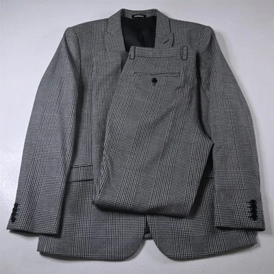 Express 42R 32x32 Gray Flannel Glenn Check Extra Slim Mens Jacket Pants Suit - Image 1 of 4