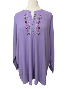 Woman Within 3X Purple Henley Thermal Waffle Top Shabby Cottagecore Embroidery - Picture 1 of 10