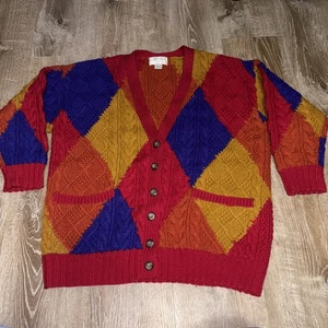 Vintage The Limited Hand Knit 100% Wool Diamond Shapes Cardigan Sweater M/L - Picture 1 of 10