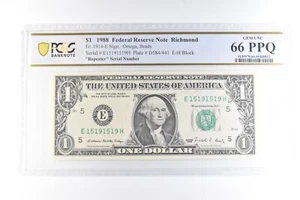 1988 $1 Richmond VA FRN Fr#1914-E Repeater Serial Gem Unc 66 PPQ PCGS *6093 - Picture 1 of 3