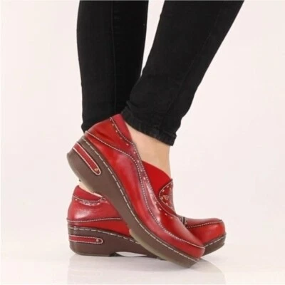 Spring Step Burbank Red Leather Floral Embossed Wedge Heel Clogs - Image 1 of 4