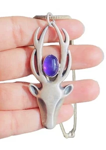 Vintage Navajo signiert Sterlingsilber Amethyst Hirsch Elchkopf Anhänger Halskette - Bild 1 von 12