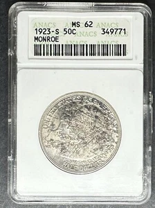 1923-S Monroe Commemorative Half Dollar ANACS MS-62, Buy 3 Items, Get $5 Off - Picture 1 of 2