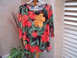 NEU Vejaiz großes Polyester Top schwarz orange gelb grün geblümt 3/4 Ärmel - Bild 1 von 5