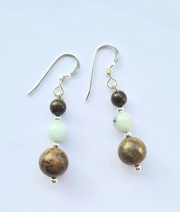Sterling silver gemstone earrings with jasper, amazonite & bronzite - Picture 1 of 3