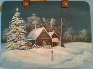 Picnic Basket Wooden Weave Decorated with painted Snowman & Winter Scene - Picture 1 of 6