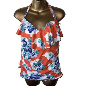 Leilani Women's Size 12 Tankini Swim Top Front Halter Padded Orange Floral - Picture 1 of 10