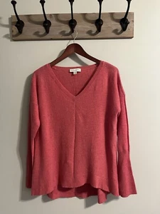 White + Warren Cashmere V-Neck Sweater Pullover Rosy Pink Ribbed Sleeve S Loose - Picture 1 of 8