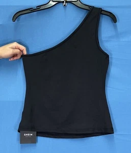 NWT SHEIN Women's SOLID BLACK Stretchy Knit ONE-SHOULDER Pullover TANK TOP Sz M - Picture 1 of 5