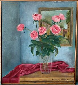 Ölbild Stillleben blühende Rosen vor Gemälde auf einer Kommode 1976 W. Larsen