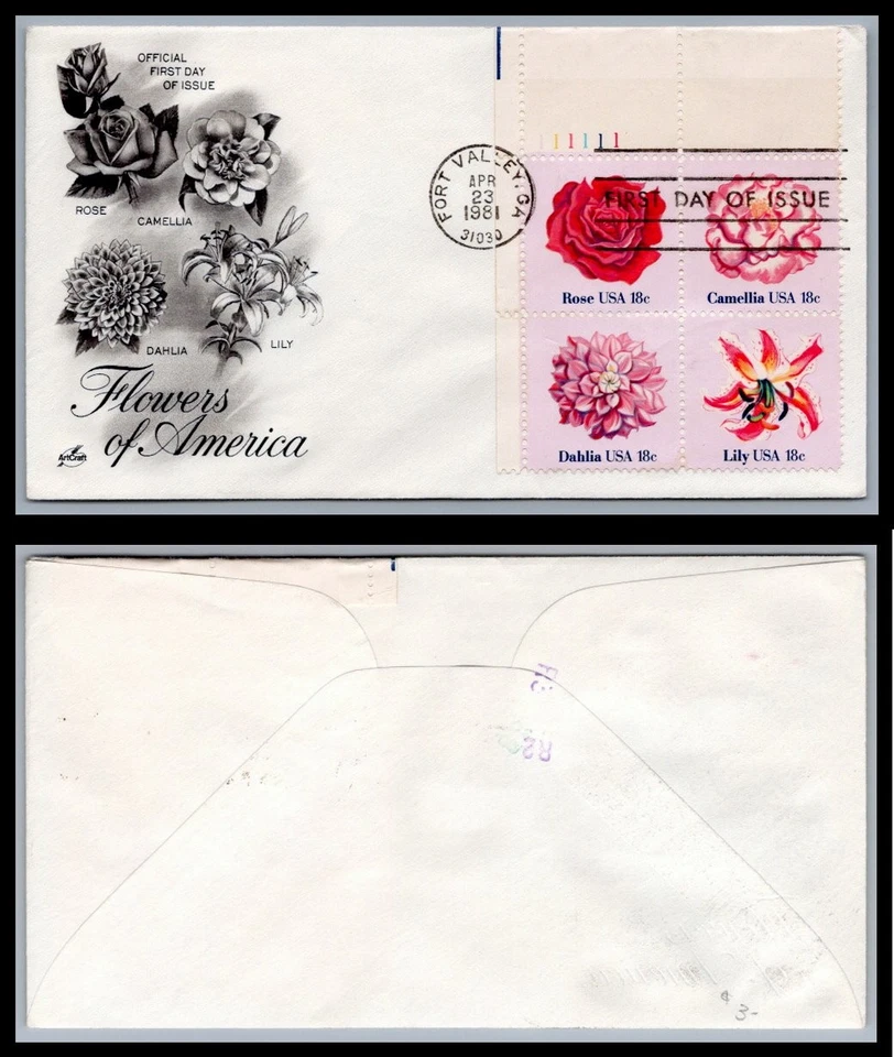 US FDC # 1876-1879 18c Flowers of America  ArtCraft Plate Block UL 1981, 9Q985 - Image 1 of 1