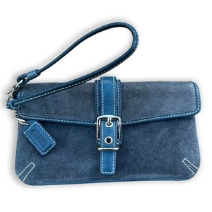 Y2K VTG Coach Blue Suede Leather Wristlet with Buckle Front Button 7" X 4" - Picture 1 of 4