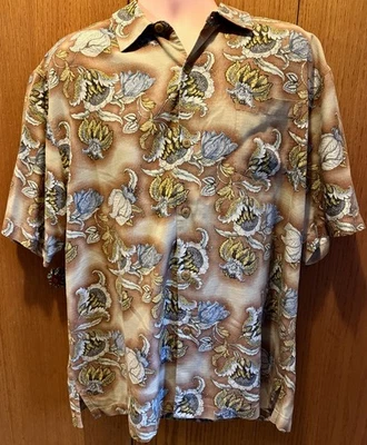 Vintage Tommy Bahama Tan Blue Hawaiian Shirt w/ Protea Flowers 100% SILK - XL - Image 1 of 4