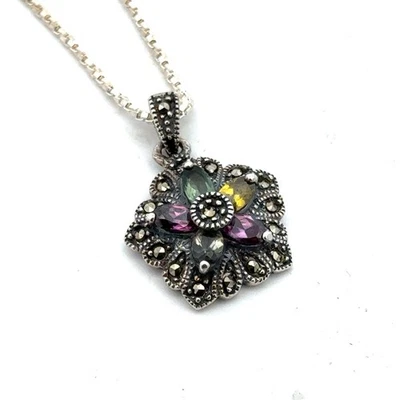 925 Sterling Silver Multicolor Cubic Zirconia Marcasite Pendant Necklace - Image 1 of 4