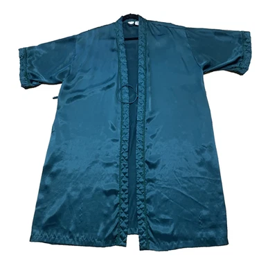 Bata kimono satinada vintage Adonna S romántica con volantes esmeralda cubierta verde azulado aguamarina Foto 1 de 4