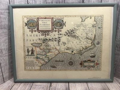 Framed 1606 Map Reproduction “Virginiae et Floridae” Historic Urban Plans 18x24 - Image 1 of 4