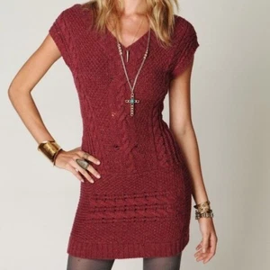 Free People Autumn Garden Sweater Dress Size Small Maroon Cable Knit Wool Blend - Picture 1 of 9